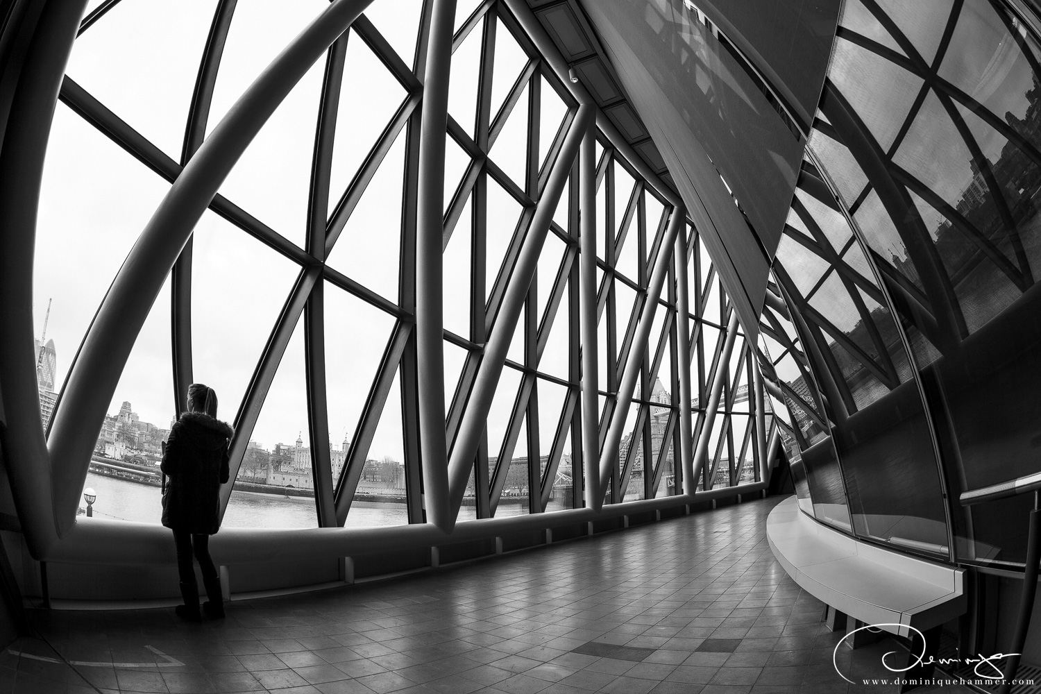 Eine Frau steht an einem Fenster einer Bahnhofshalle in London von Fotograf Dominique Hammer