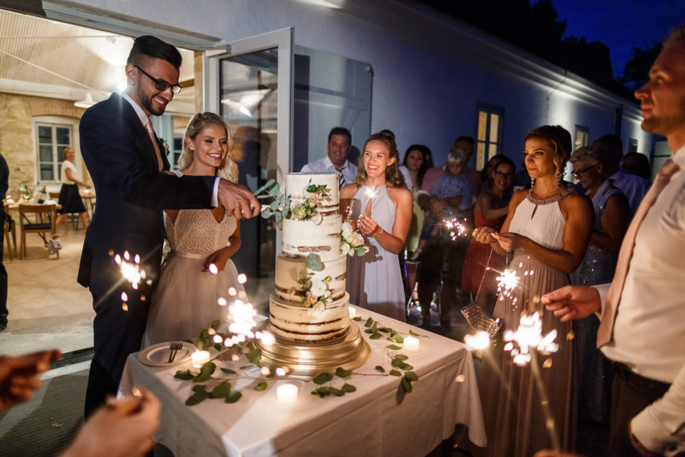 Hochzeitsfotografie aus Trausdorf an der Wulka, Im Bild: Die Hochzeitstorte und der Anschnitt der Torte